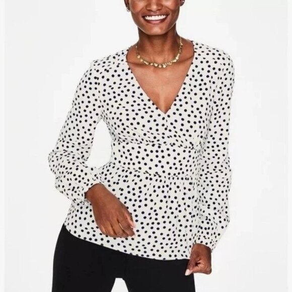 Boden Elsie Polka Dot Peplum Blouse Top White‎ Navy V-Neck Long Sleeve Size 8P - Picture 2 of 12